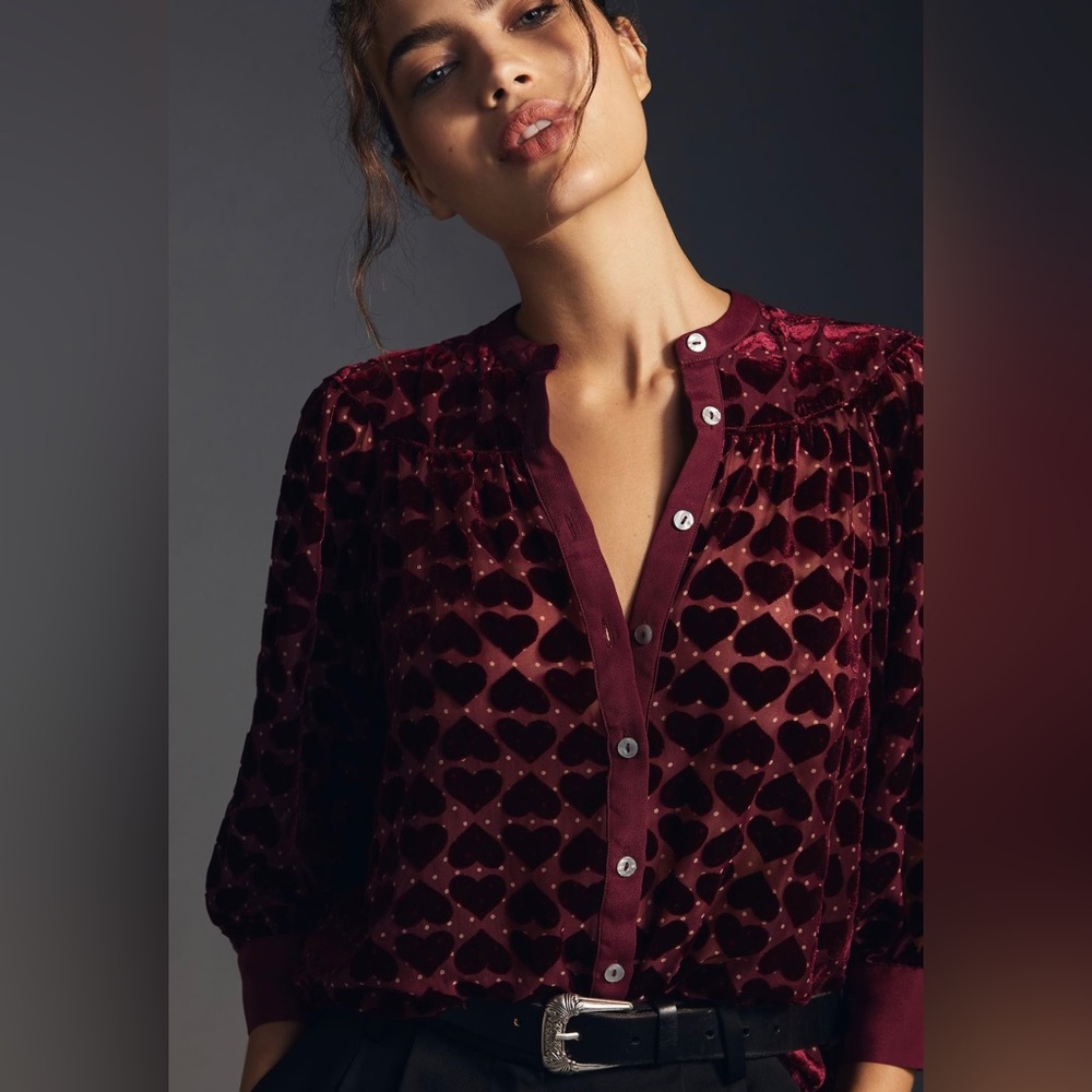 Anthropologie Burgundy Velvet Heart-Print Button-Front Blouse